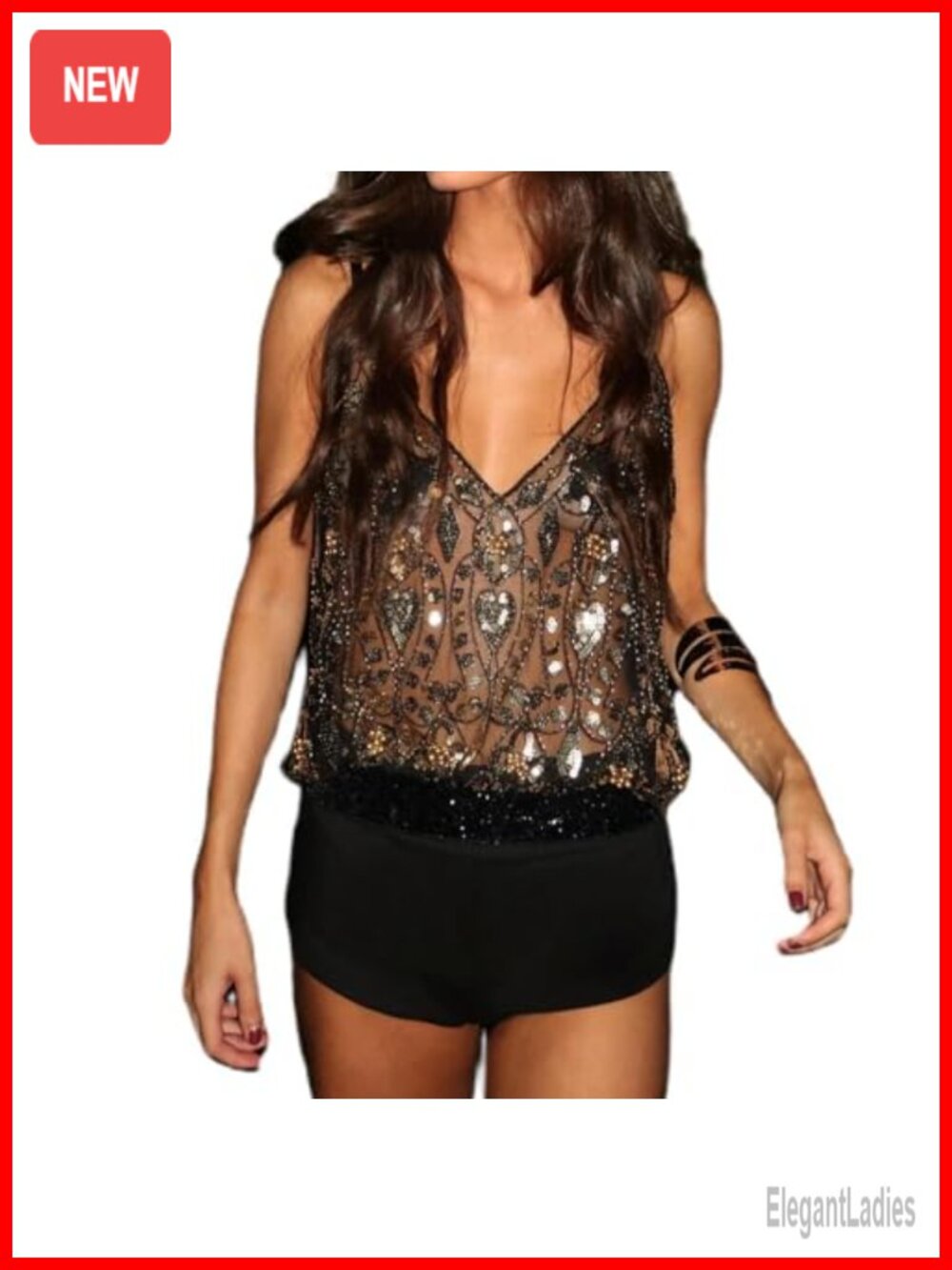 Sparkly V Neck Backless Sequin Beaded Tank Top Party